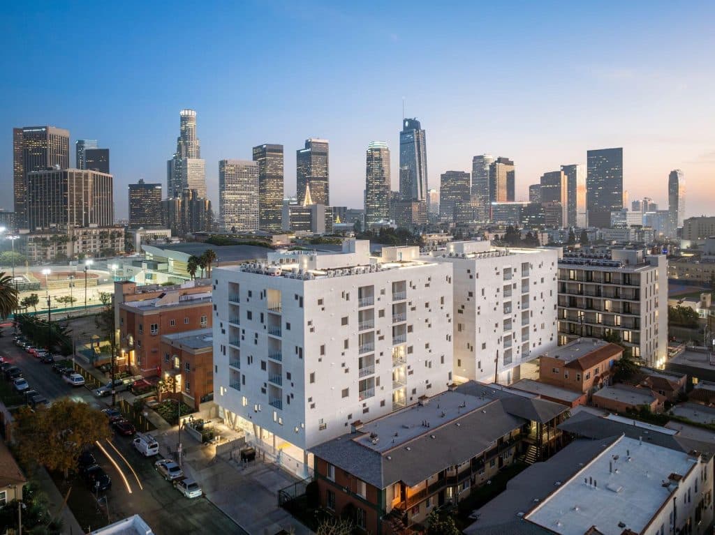 Los Angeles multifamily housing developments and apartment buildings viewed from above.